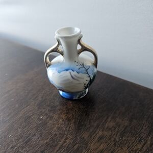 Hand-Painted White and Blue Porcelain Bud Vase with Gold Handles